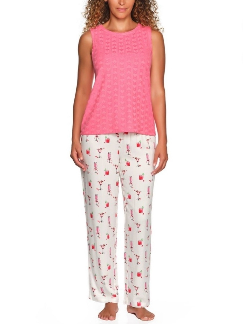 LOFT Pink Sleeveless Knit Pajama Top with White Printed Lounge Pants